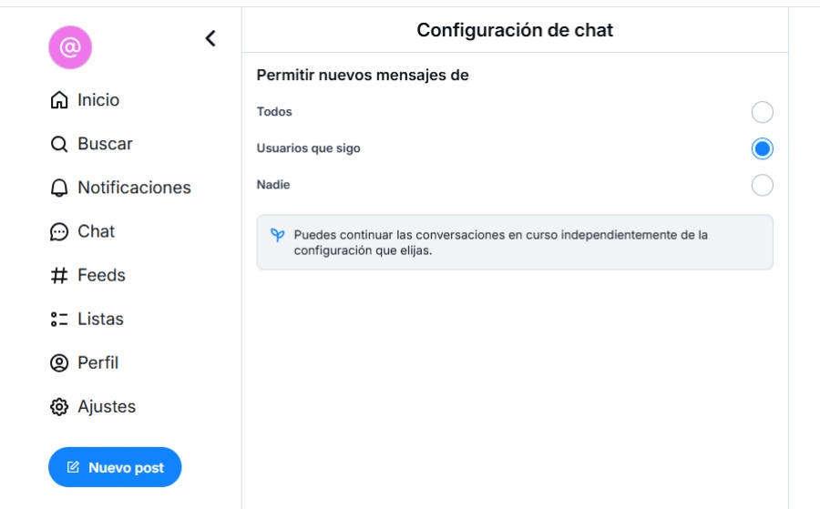 bluesky configuracion de chat