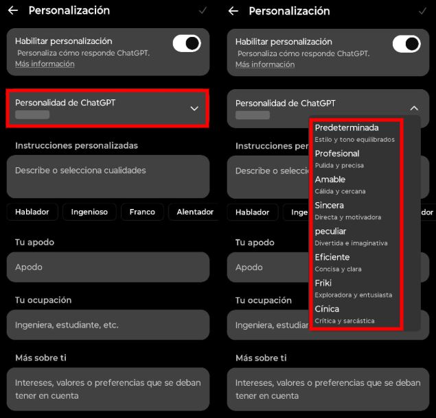Cómo cambiar la personalidad de ChatGPT en el móvil 2